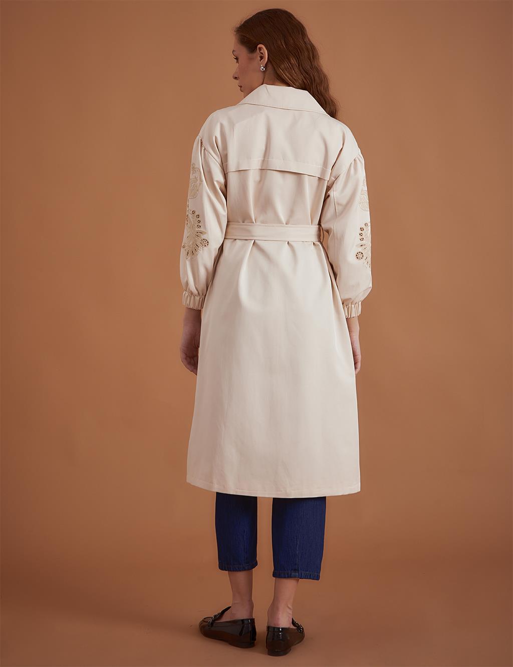 Embroidered Laser Cut Trench Coat Light Cream