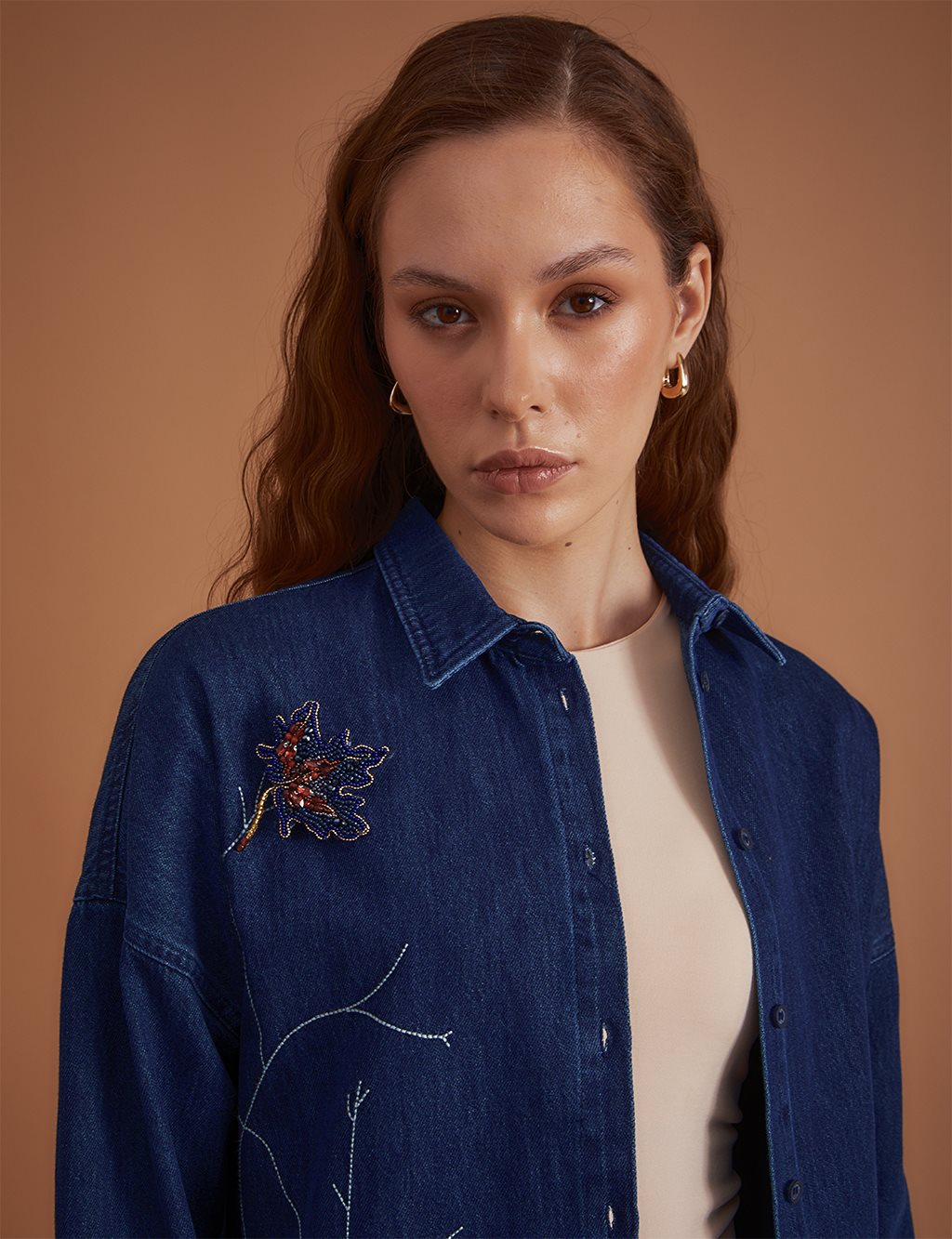 Brooch-Detailed Denim Shirt-Jacket Navy