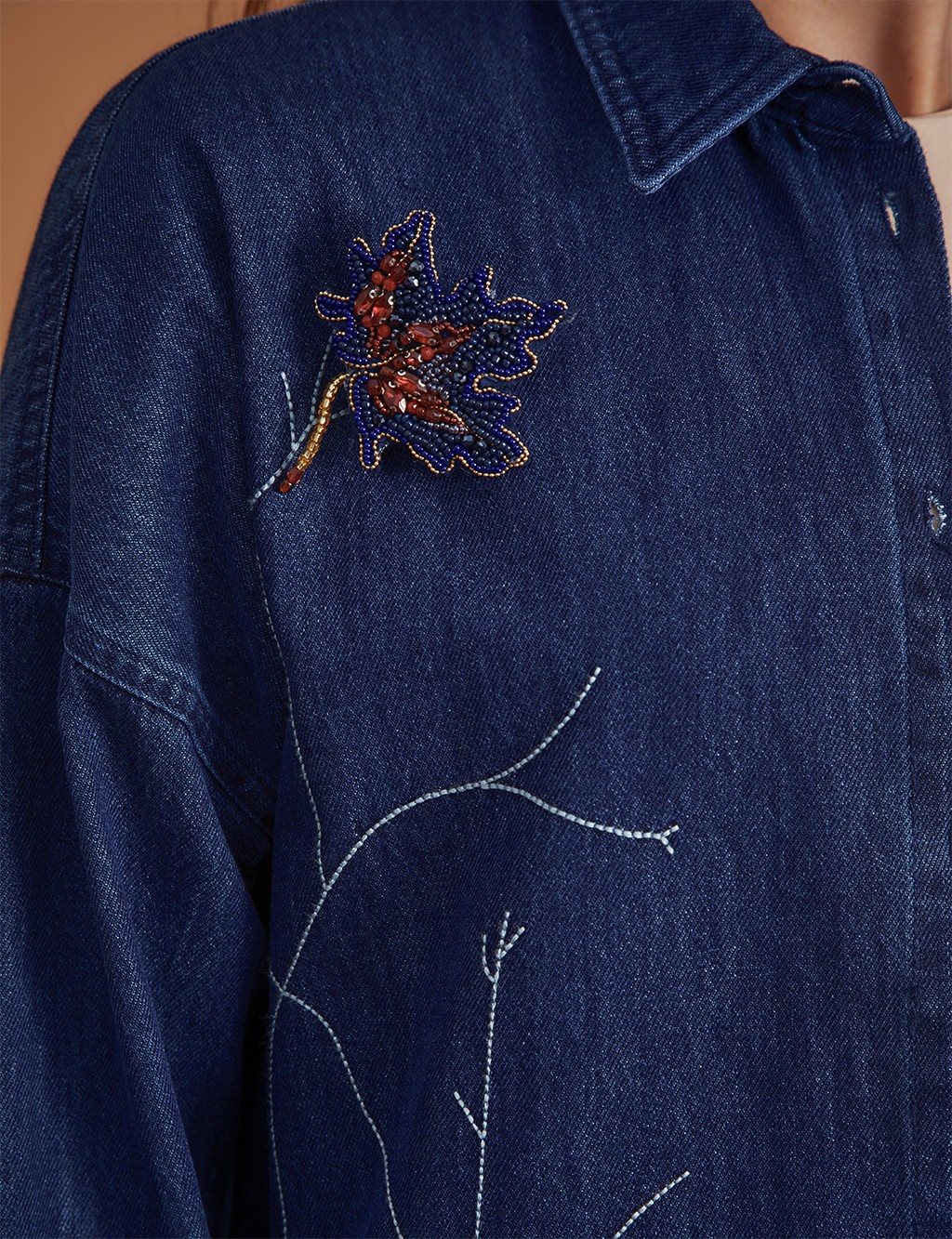 Brooch-Detailed Denim Shirt-Jacket Navy