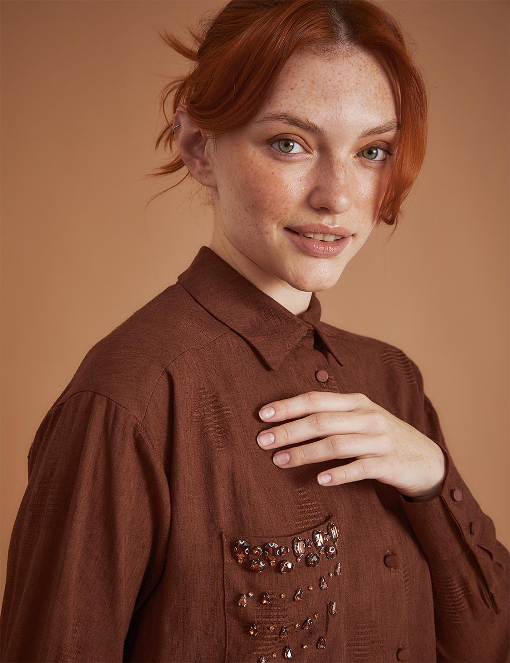 Pocket Stone Embroidered Shirt Dark Brown