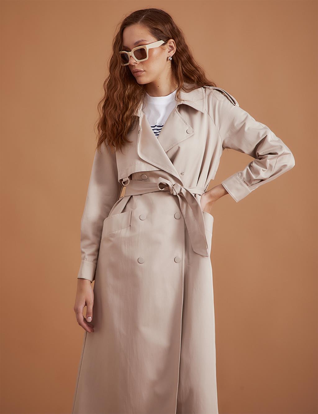 Belted Snap-On Trench Coat Stone