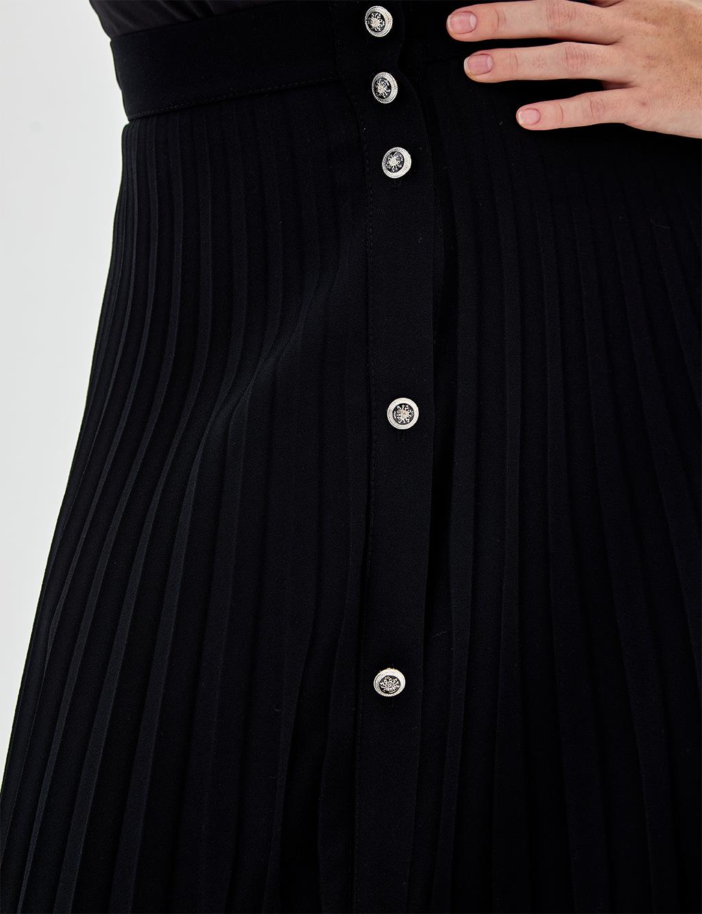 Button Closure Pleat Skirt Black