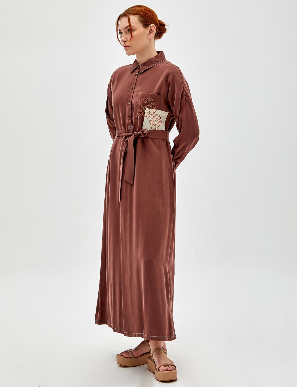 Embroidered Pocket Detailed Dress Brown
