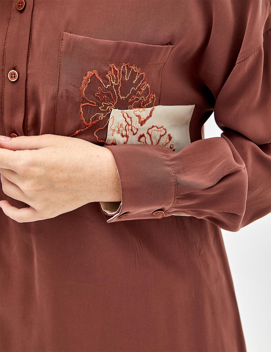 Embroidered Pocket Detailed Dress Brown
