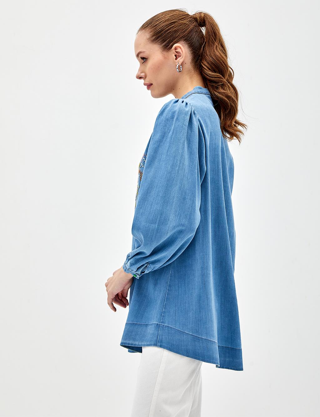 Embroidered Tencel Shirt Blue