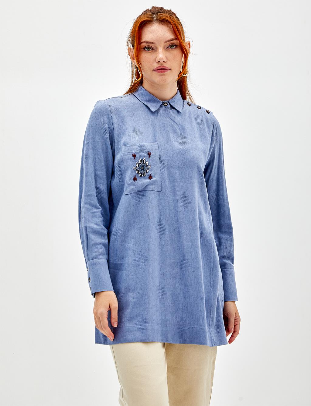 Embroidered Single Pocket Tunic Sky Blue