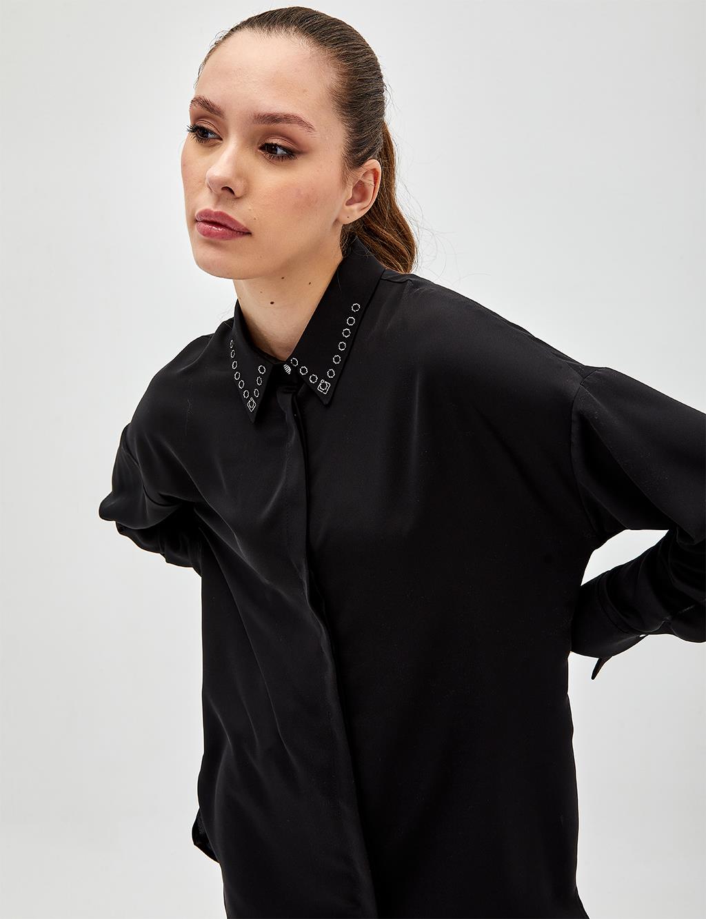 Embroidered Collar Tunic Black