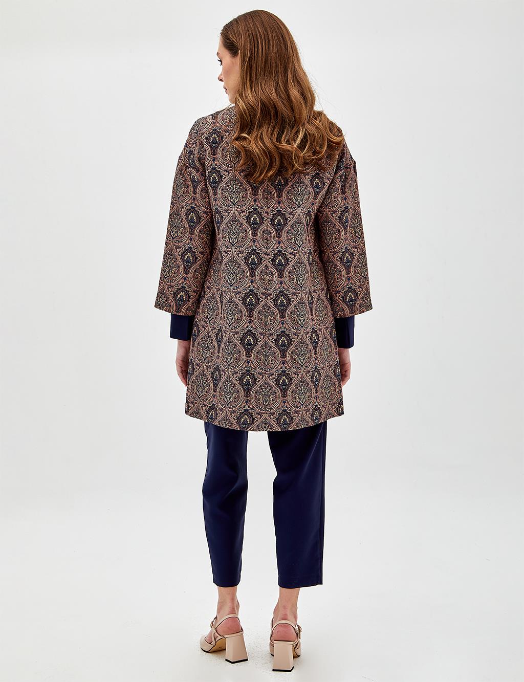 Ethnic Patterned Three Quarter Sleeve Trench Coat Mushroom
