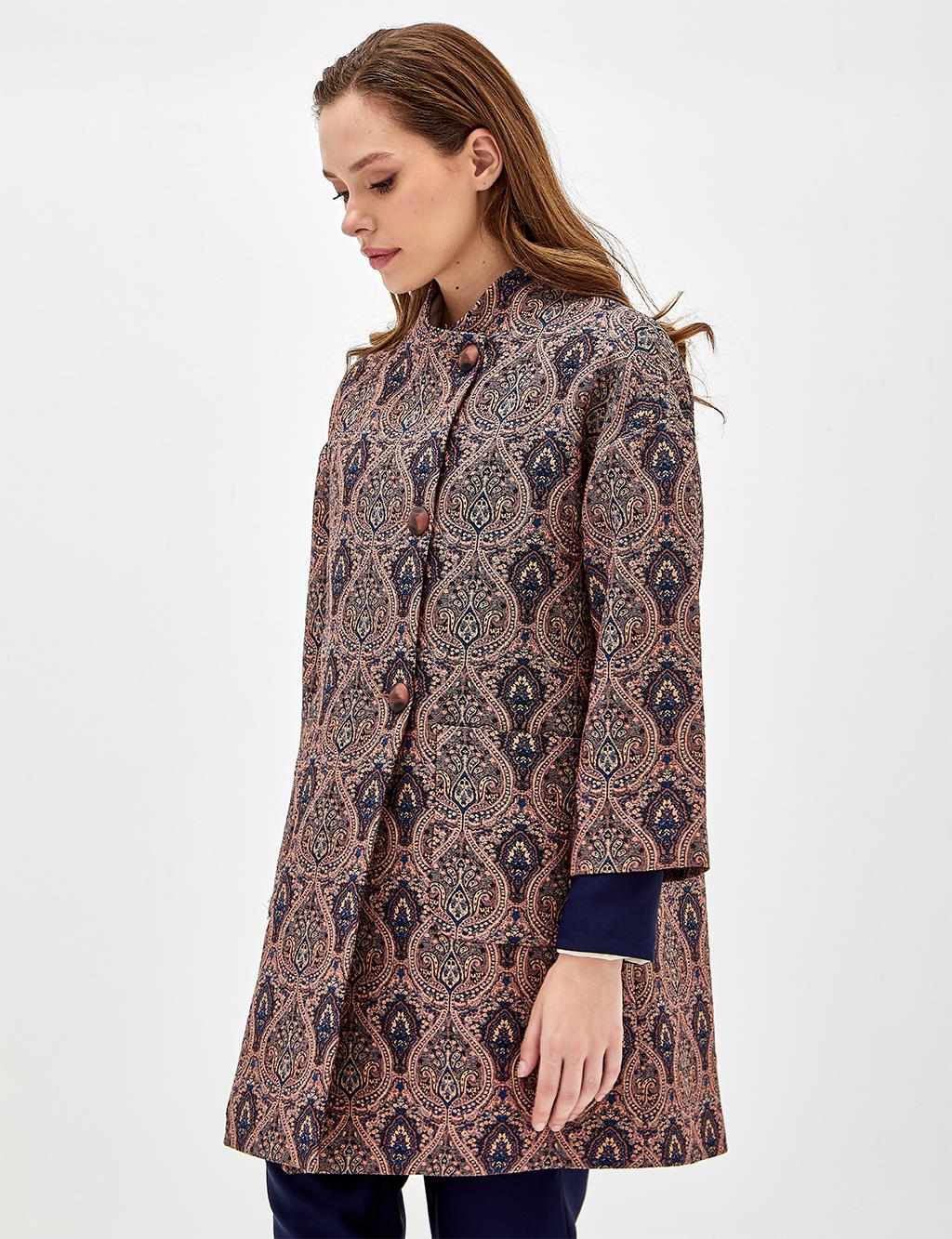 Ethnic Patterned Three Quarter Sleeve Trench Coat Mushroom