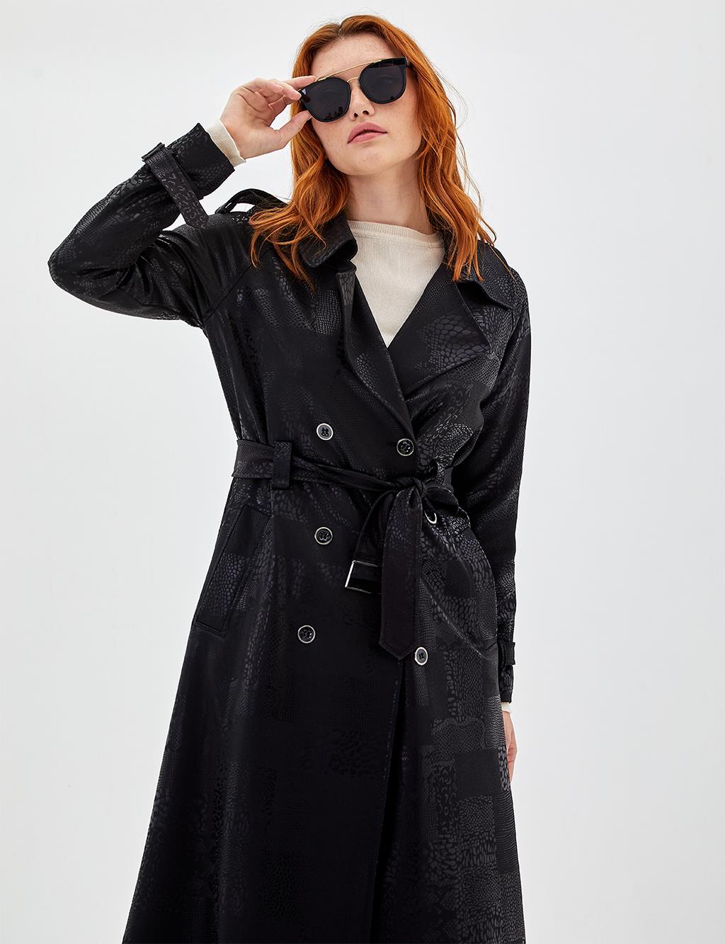 Jacquard Long Trench Coat Black