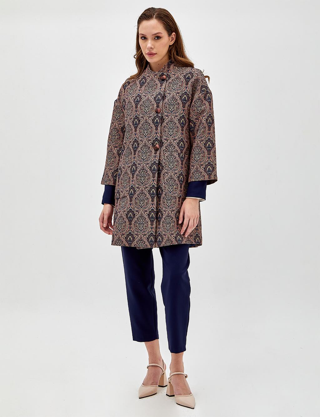 Ethnic Patterned Three Quarter Sleeve Trench Coat Mushroom