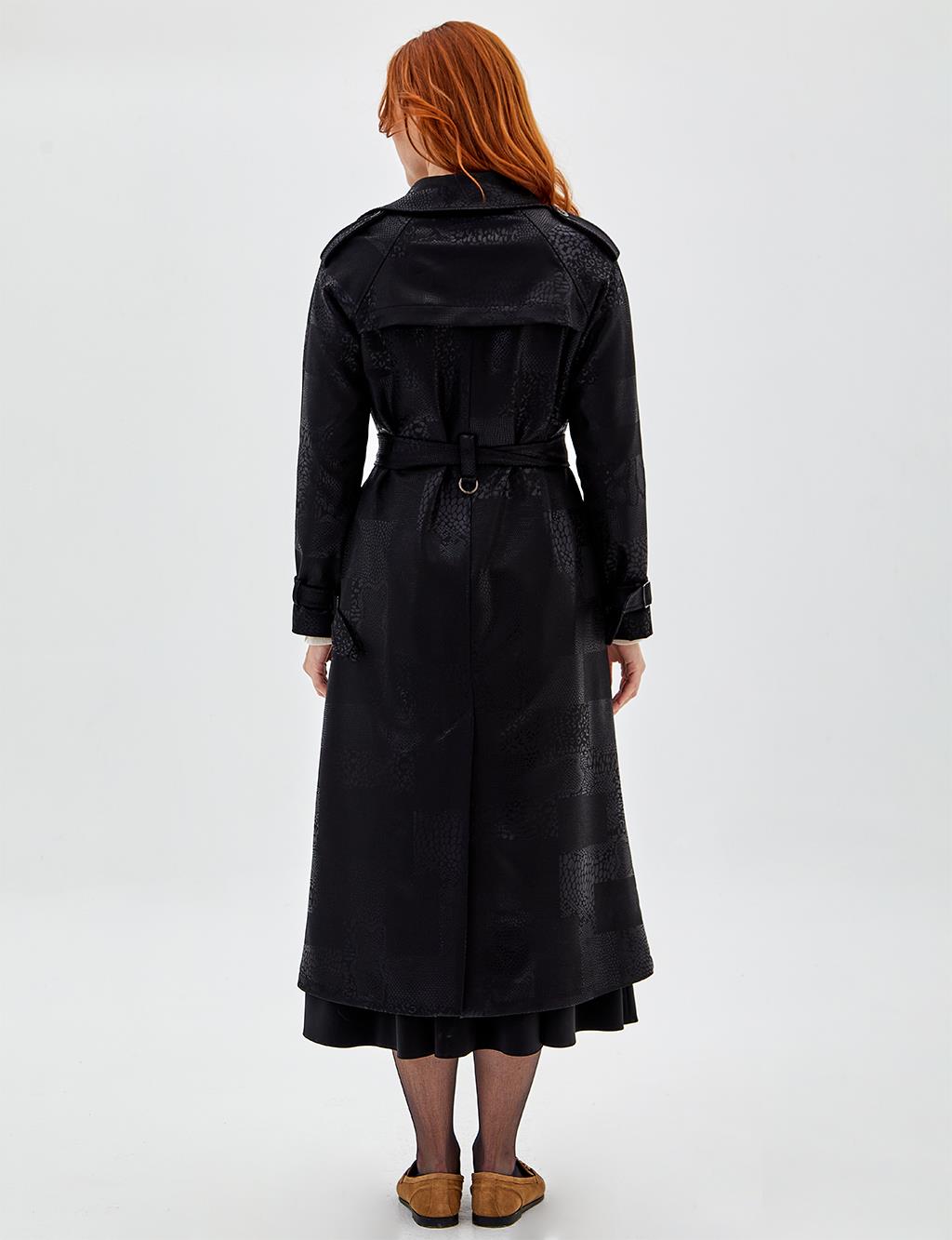 Jacquard Long Trench Coat Black