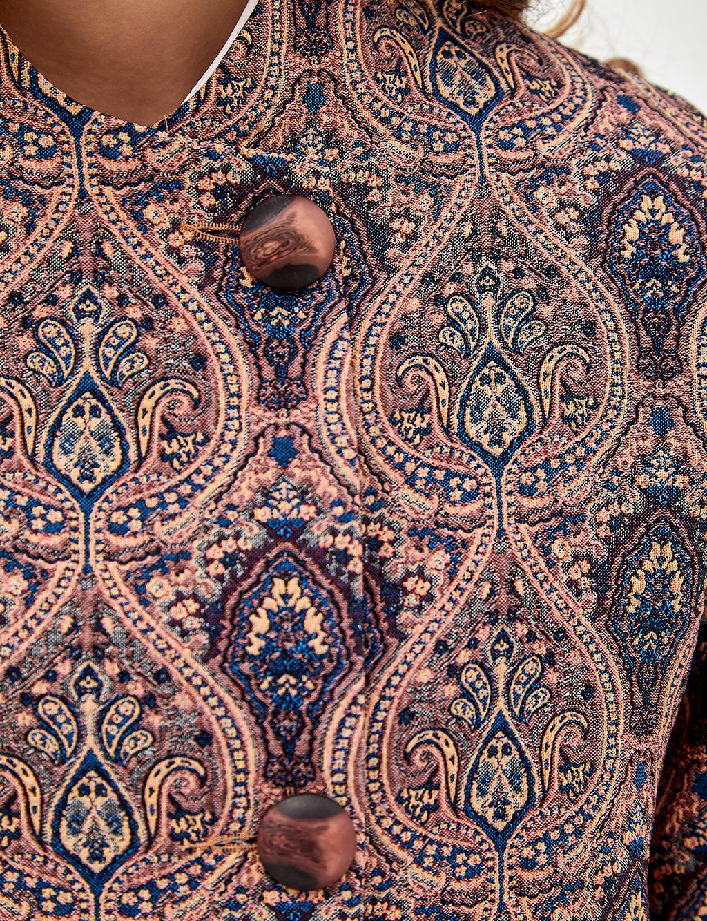 Ethnic Patterned Three Quarter Sleeve Trench Coat Mushroom