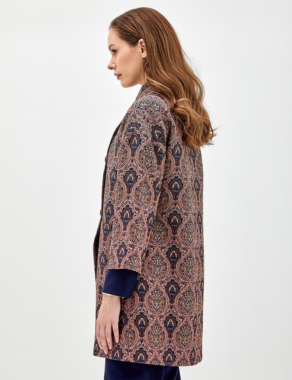 Ethnic Patterned Three Quarter Sleeve Trench Coat Mushroom