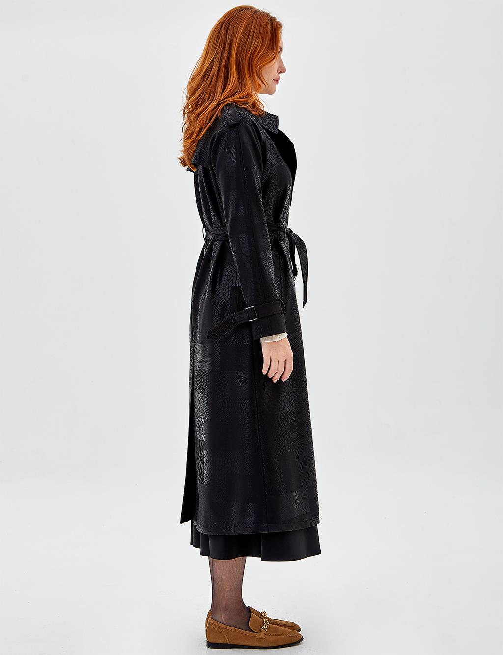 Jacquard Long Trench Coat Black