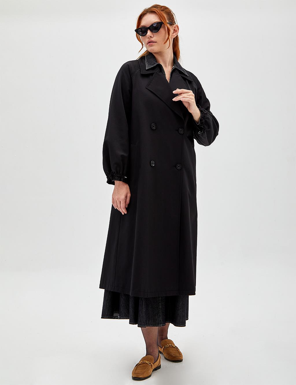 Pleated Ankle Oversized Trench Coat Black