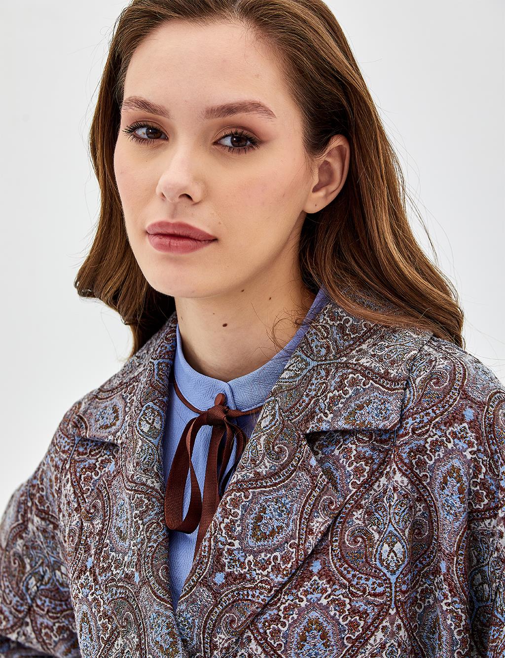 Ethnic Patterned Trench Coat Sky Blue