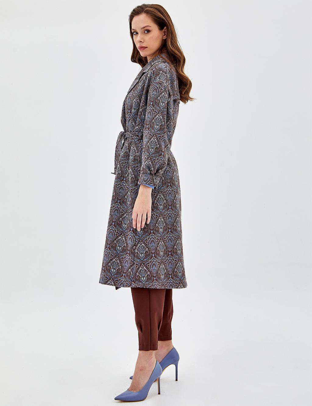 Ethnic Patterned Trench Coat Sky Blue