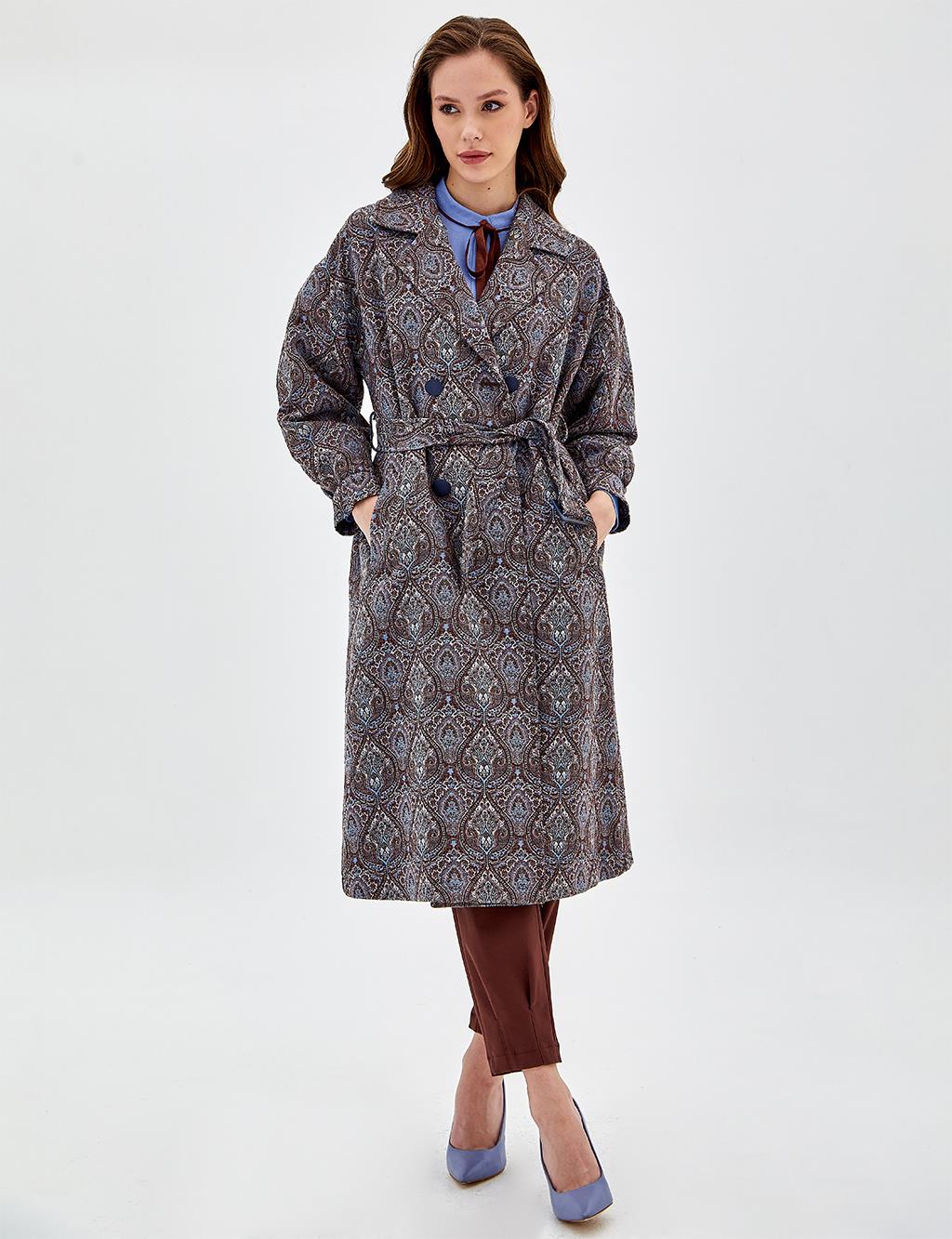 Ethnic Patterned Trench Coat Sky Blue