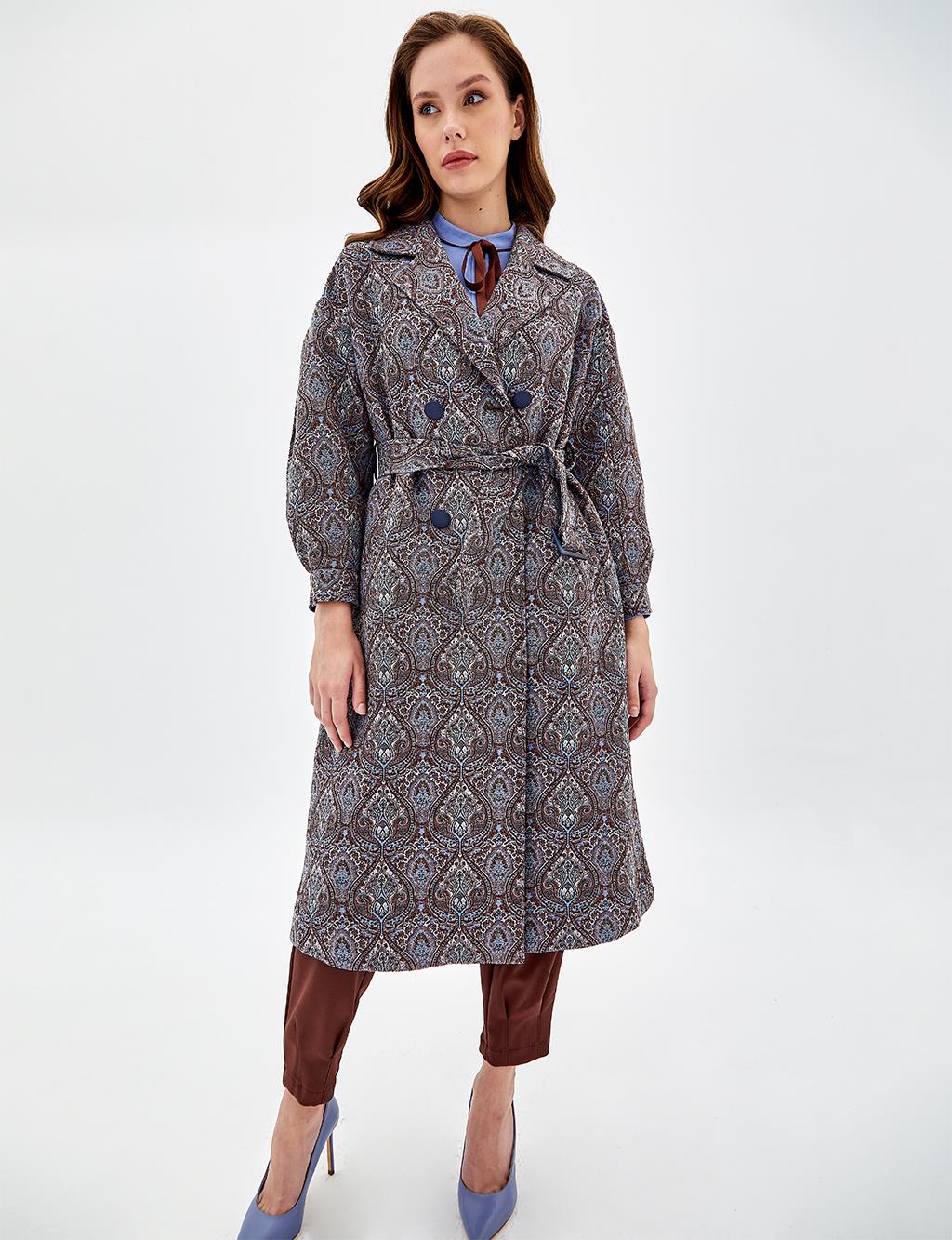 Ethnic Patterned Trench Coat Sky Blue