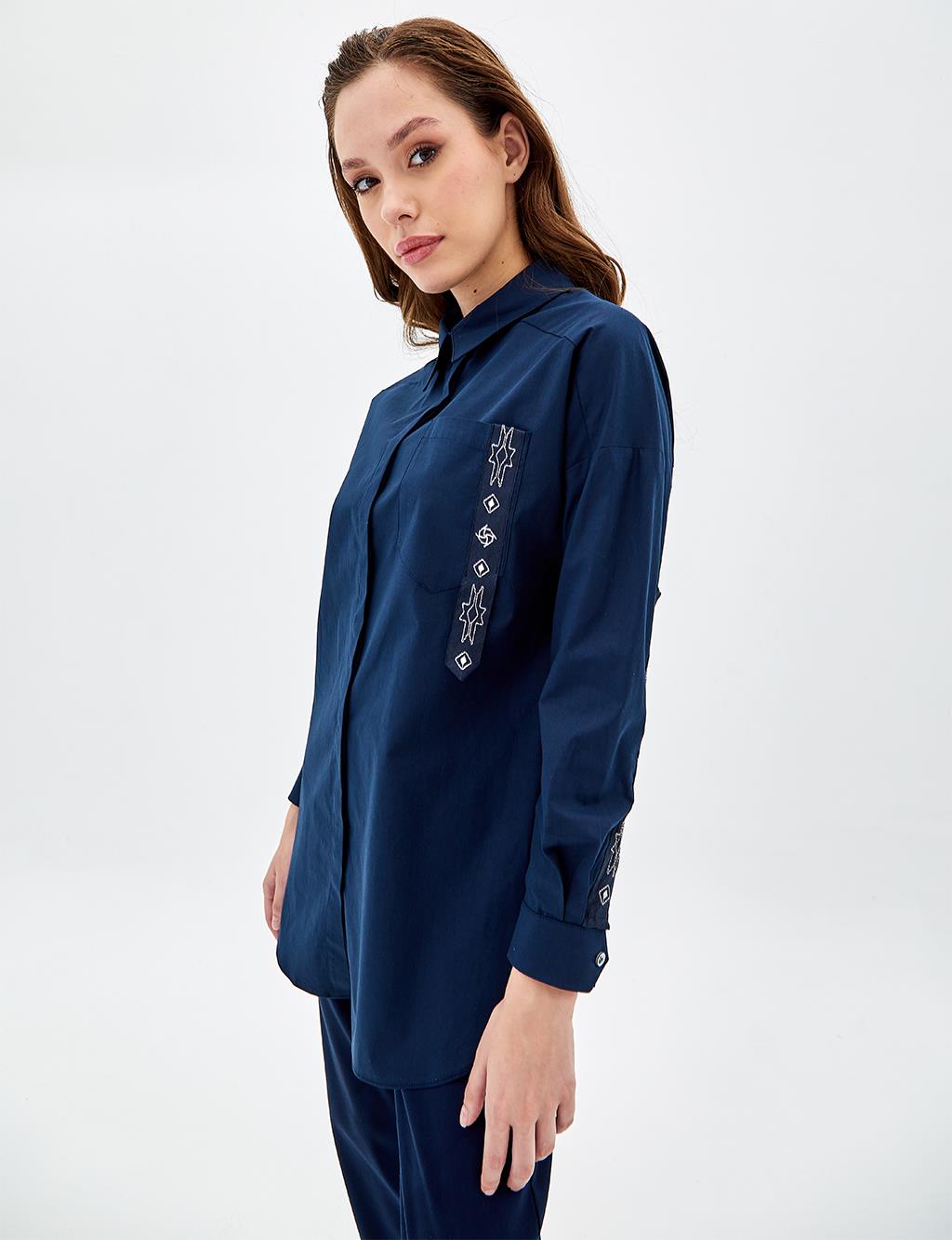 Single Pocket Embroidered Tunic Navy