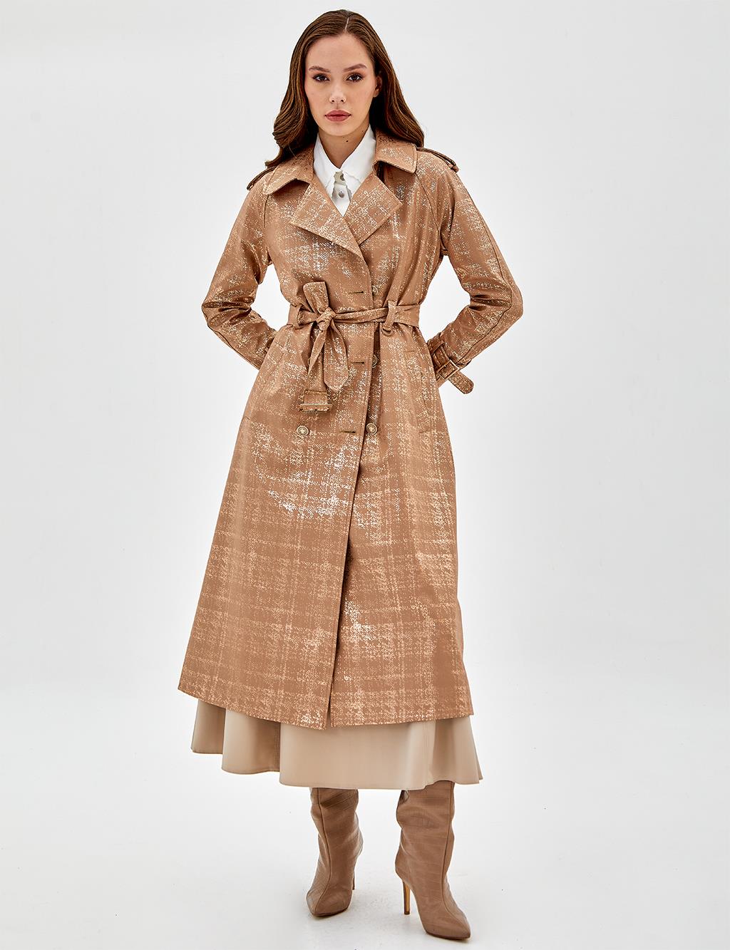 Jacquard Double Breasted Trench Coat Dark Beige