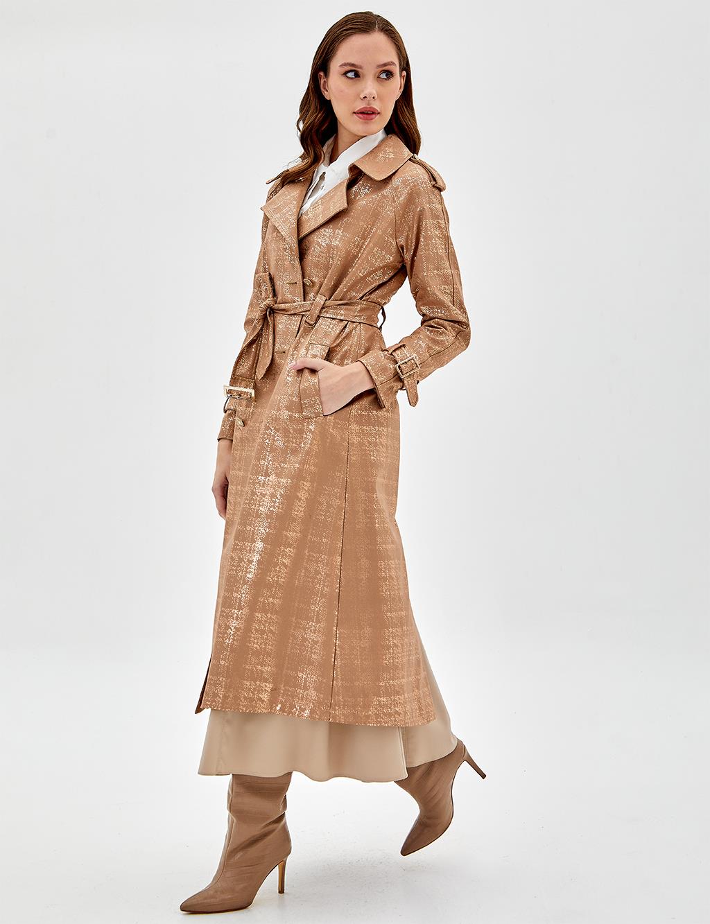 Jacquard Double Breasted Trench Coat Dark Beige