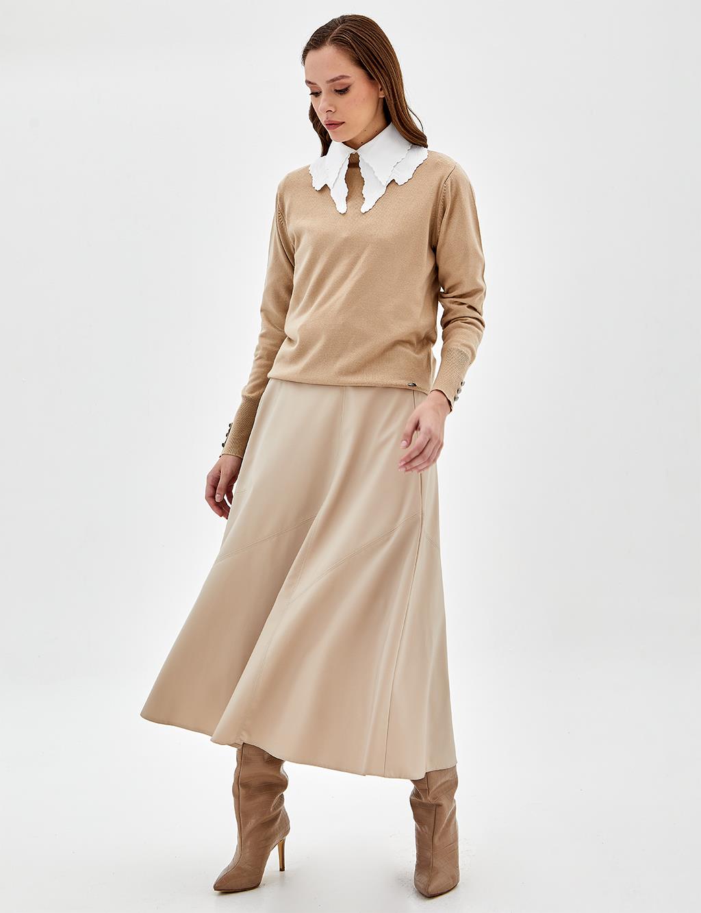 Leather Look A-Line Skirt Beige
