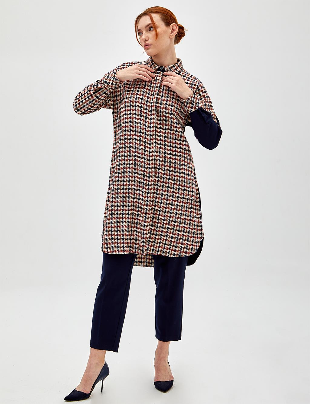 Houndstooth Patterned Tunic Navy-Claret Red