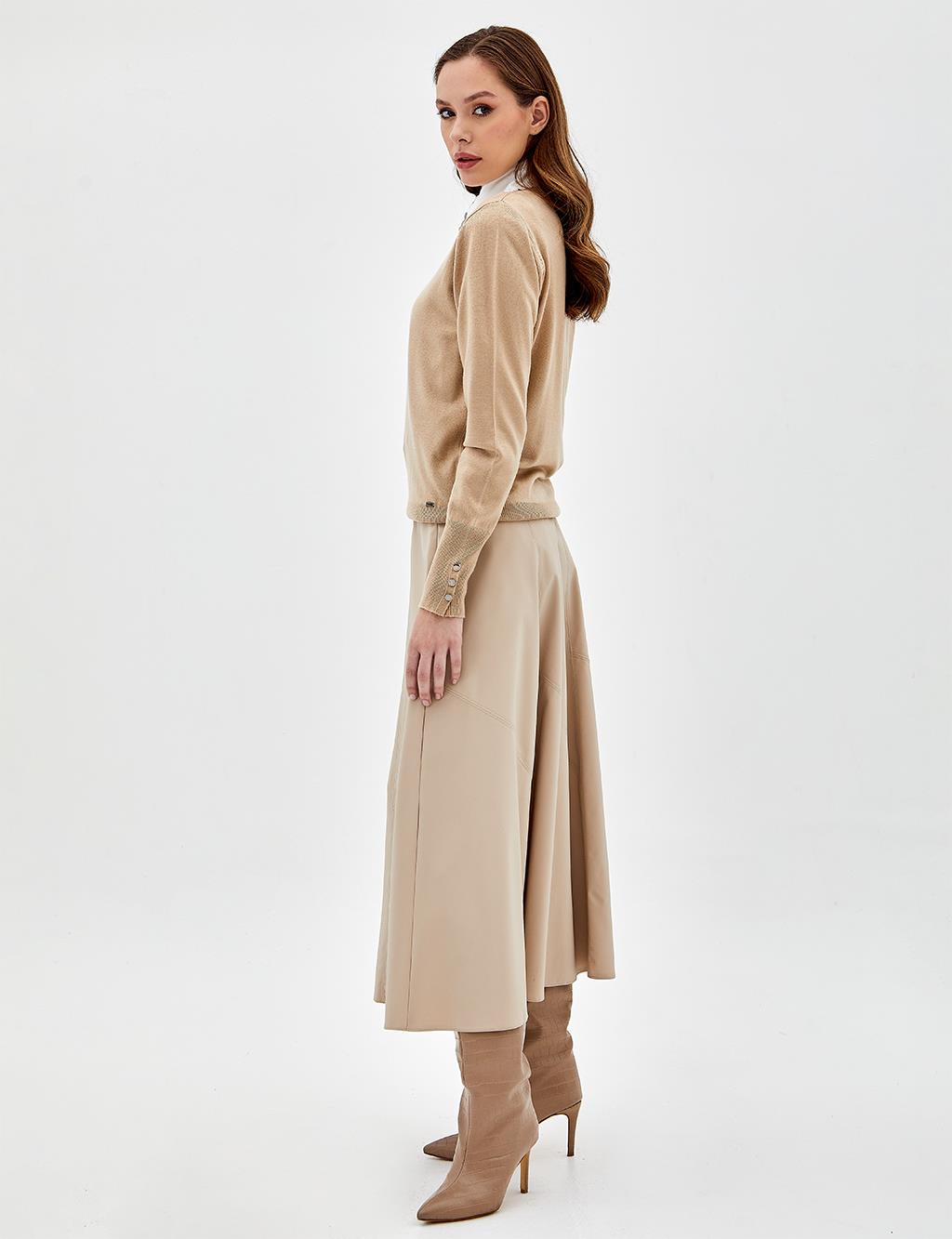 Leather Look A-Line Skirt Beige