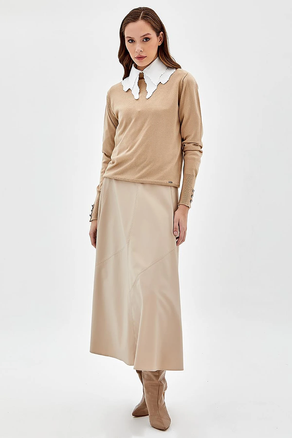 Leather Look A-Line Skirt Beige