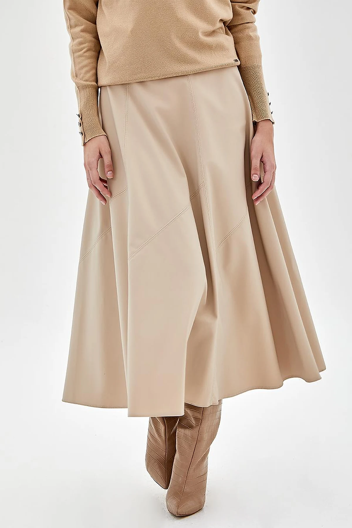 Leather Look A-Line Skirt Beige