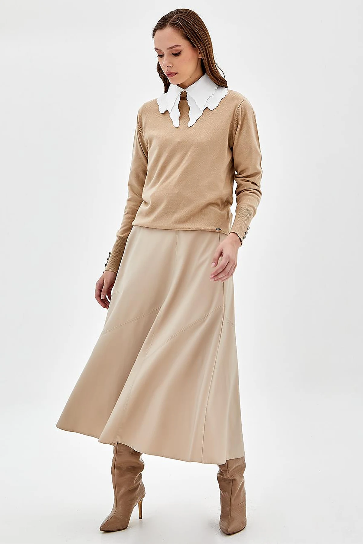 Leather Look A-Line Skirt Beige