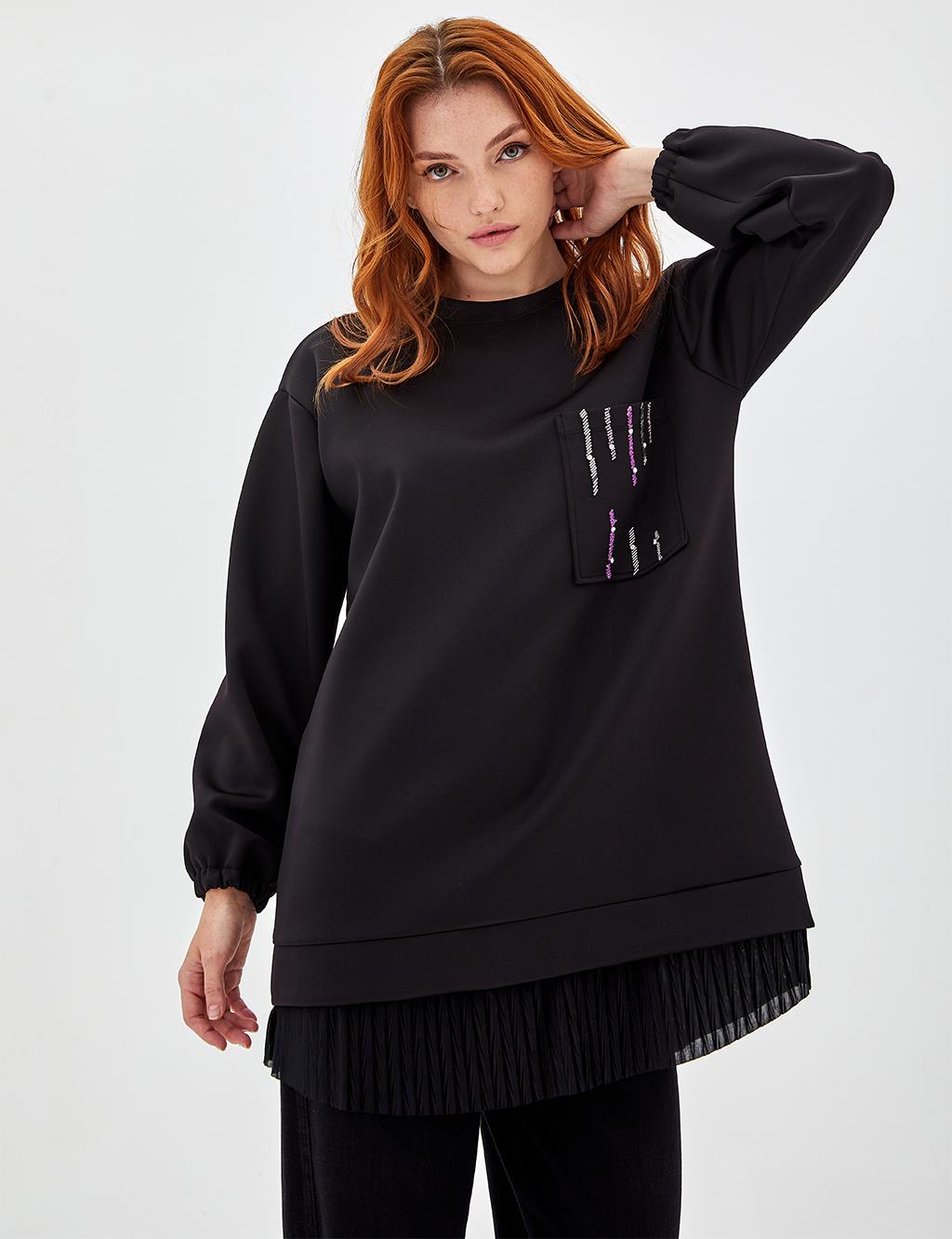 İşlemeli Cep Detaylı Sweatshirt Siyah