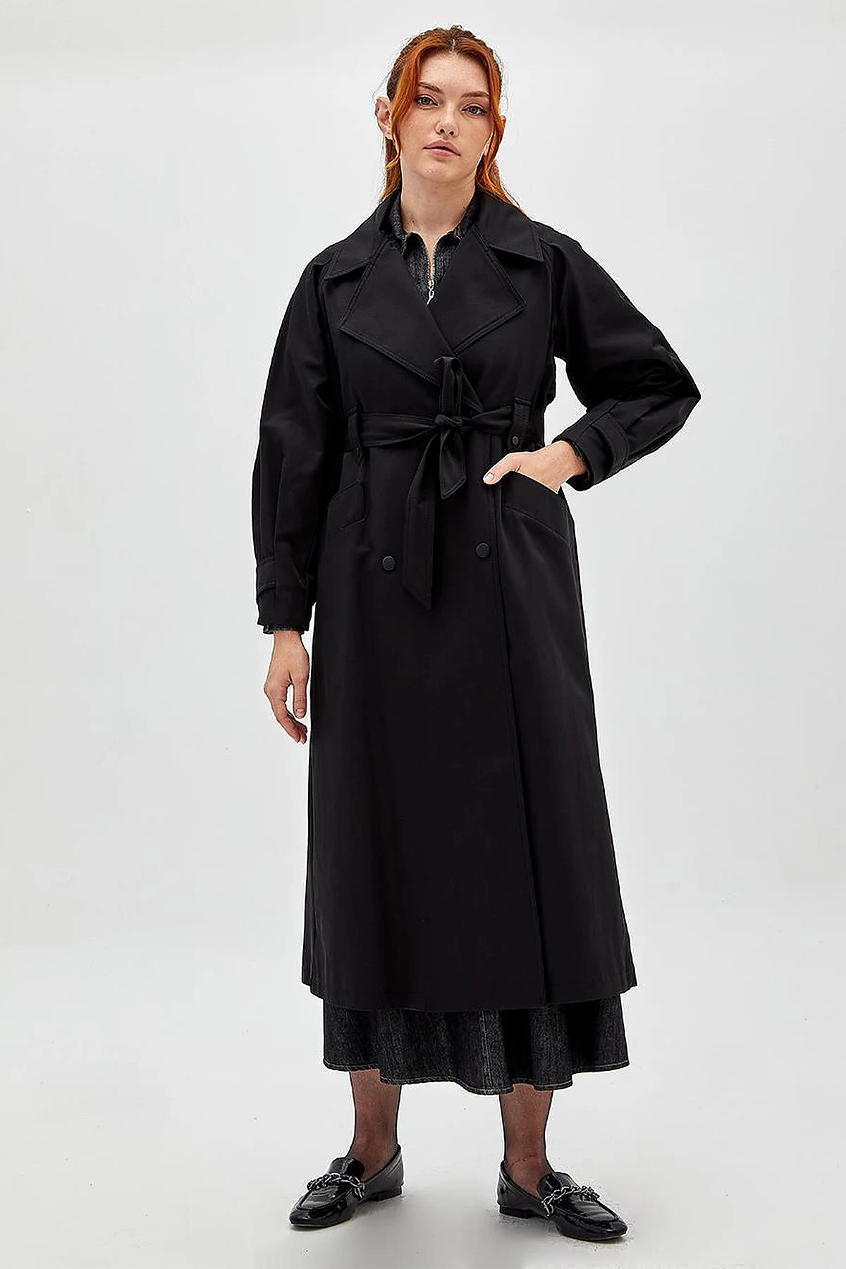 Wide Lapel Trench Coat Black