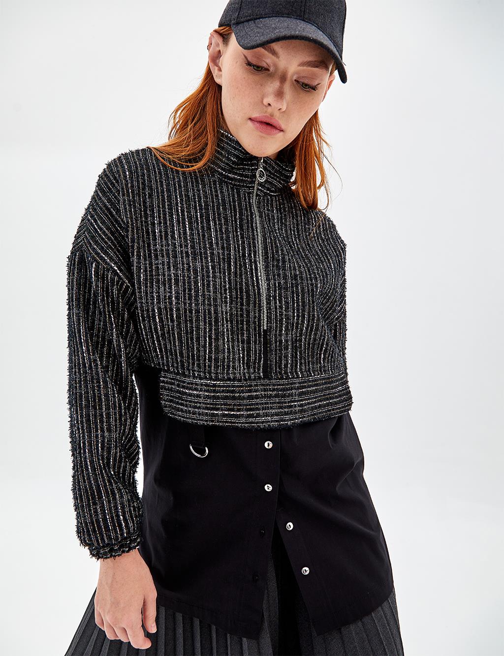 Fitilli Yarım Fermuar Sweatshirt Siyah