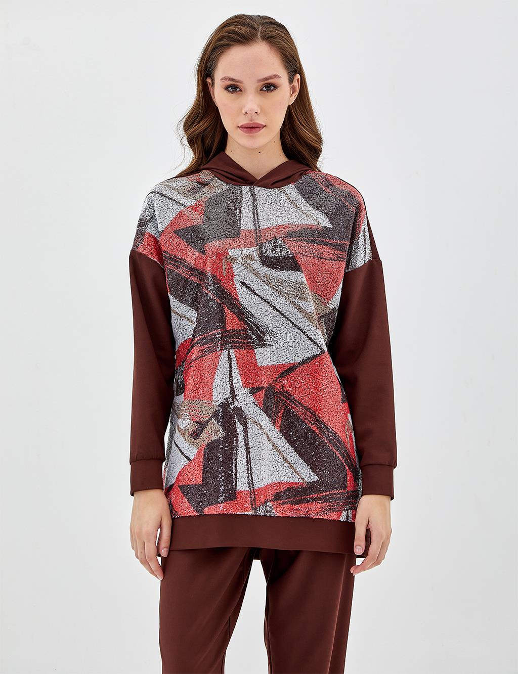 Sequined Abstract Pattern Sweatshirt Brown