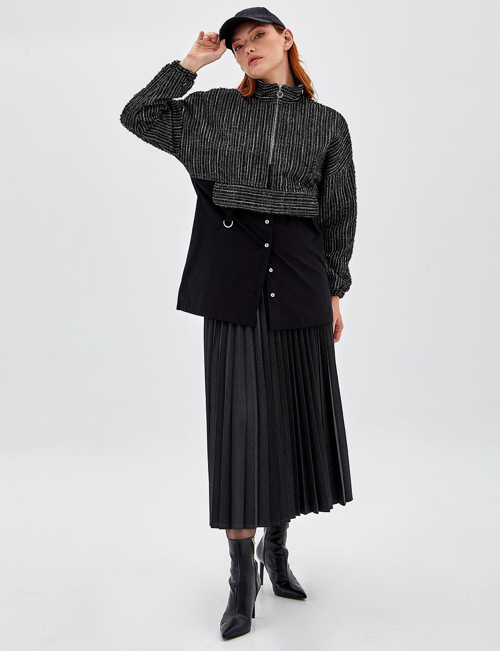 Fitilli Yarım Fermuar Sweatshirt Siyah