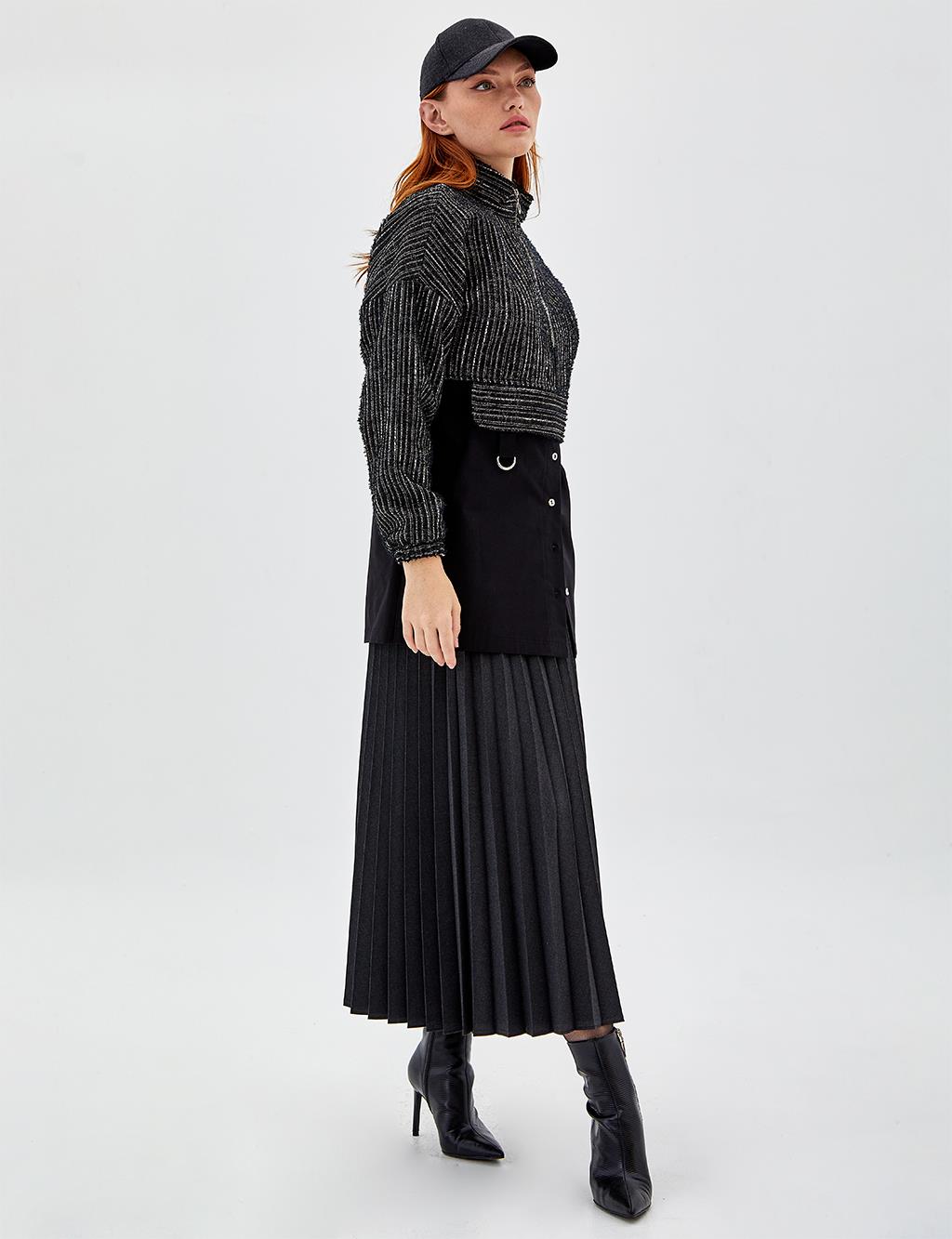 Fitilli Yarım Fermuar Sweatshirt Siyah