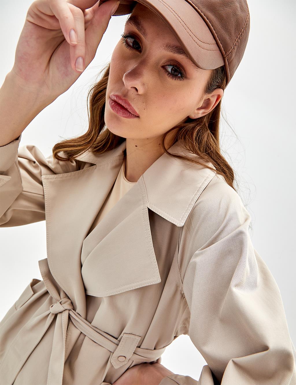 Wide Lapel Trench Coat Stone