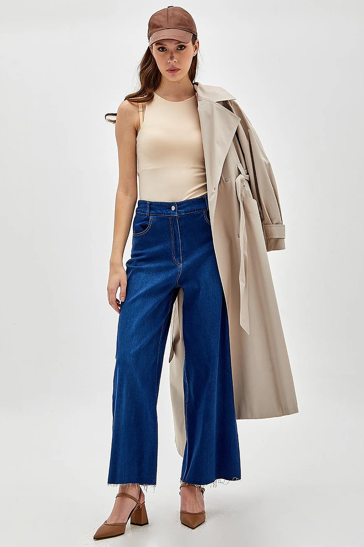 Yüksek Bel Geniş Paça Denim Pantolon Lacivert