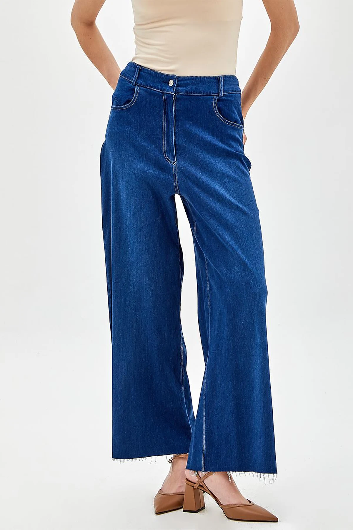 Yüksek Bel Geniş Paça Denim Pantolon Lacivert