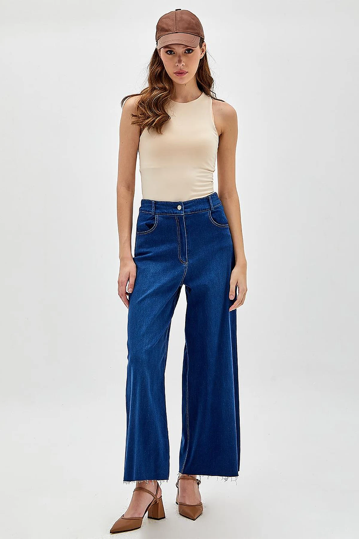 Yüksek Bel Geniş Paça Denim Pantolon Lacivert