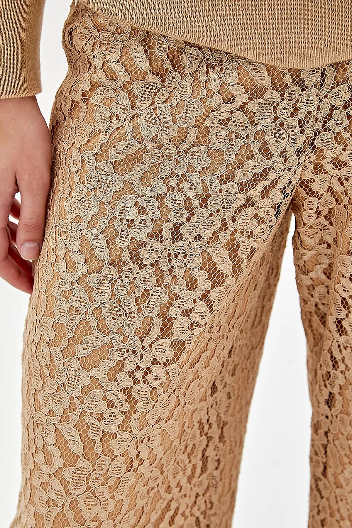 Dantel Katmanlı Yüksek Bel Pantolon Kum Beji