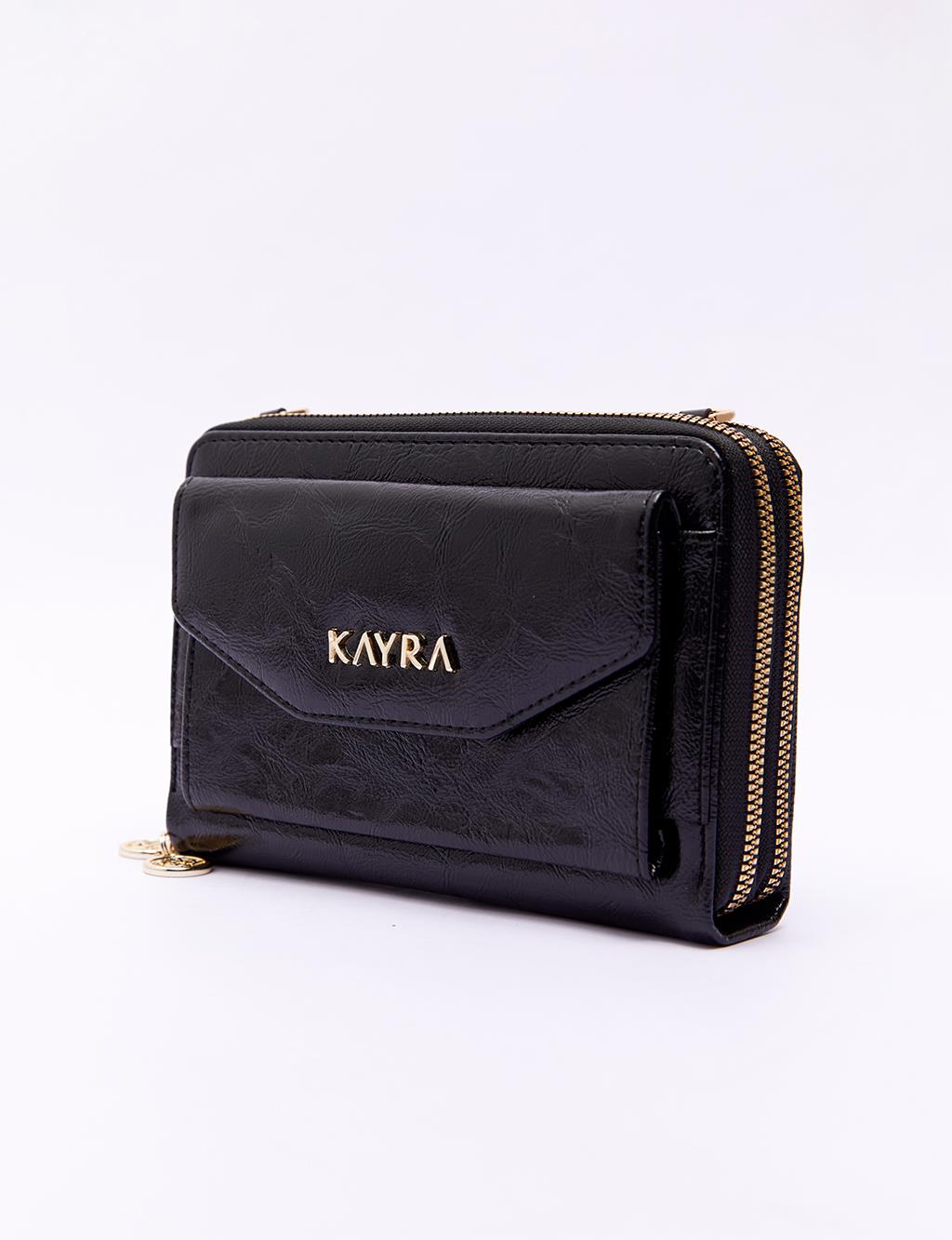 Double Compartment Bag Wallet Black Patent Leather