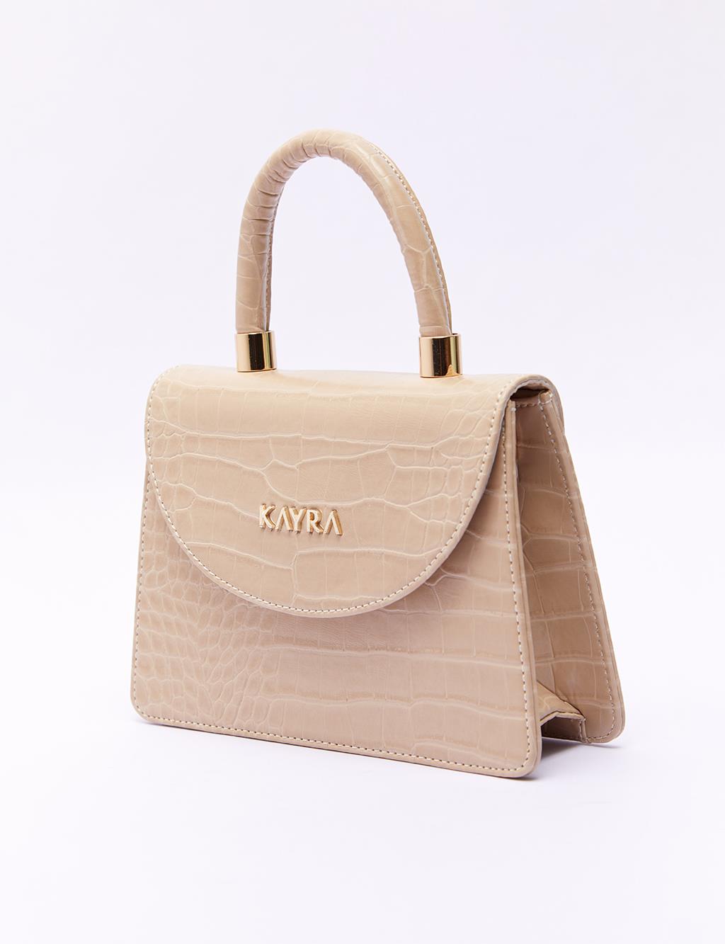 Croco Patterned Clamshell Bag Beige