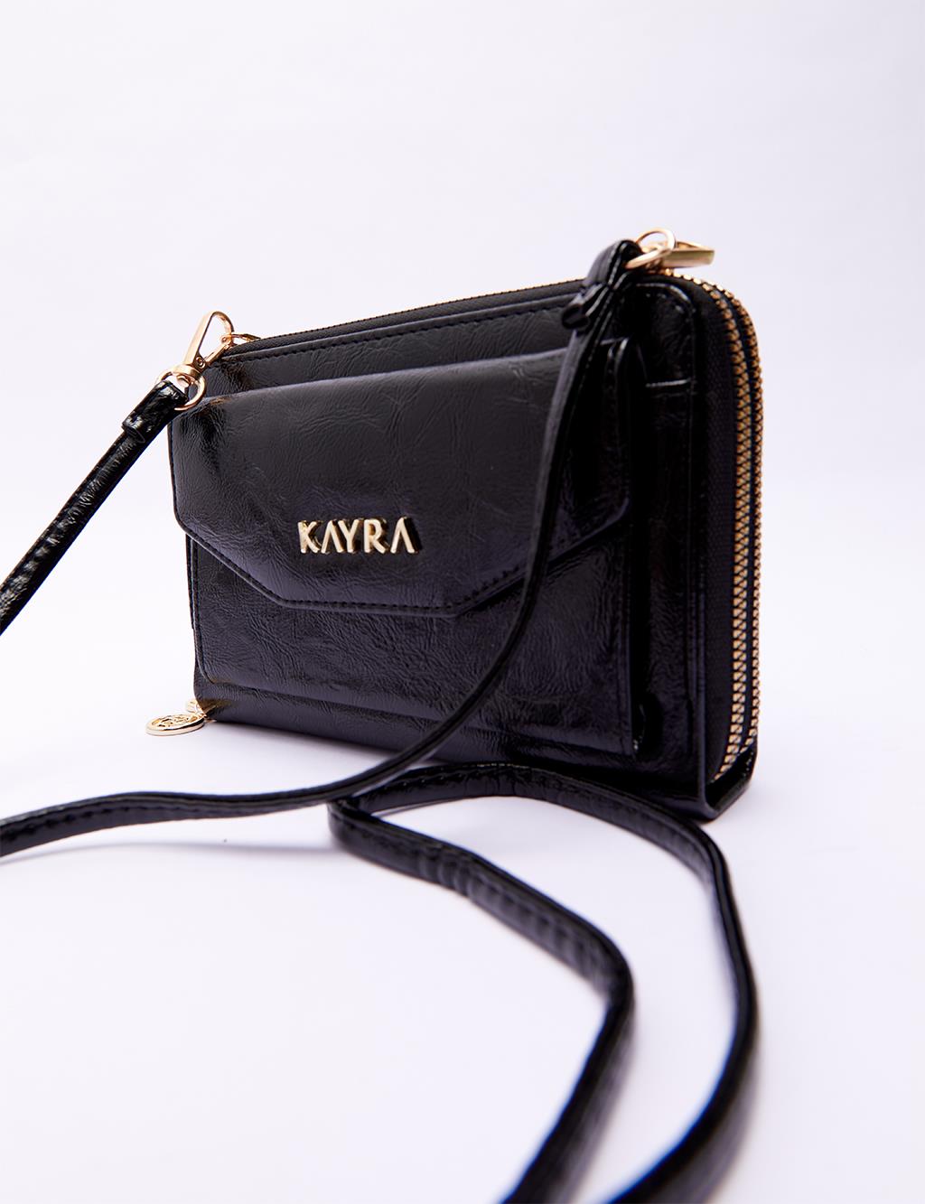 Double Compartment Bag Wallet Black Patent Leather