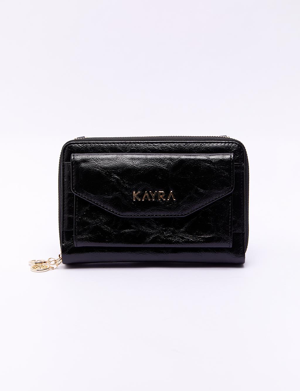 Double Compartment Bag Wallet Black Patent Leather