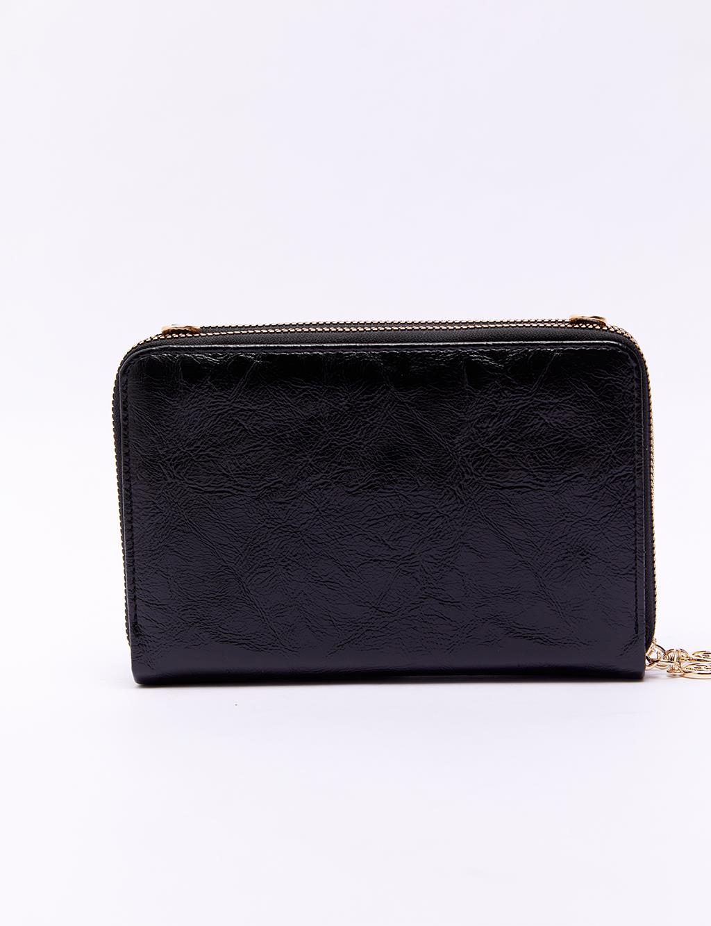 Double Compartment Bag Wallet Black Patent Leather