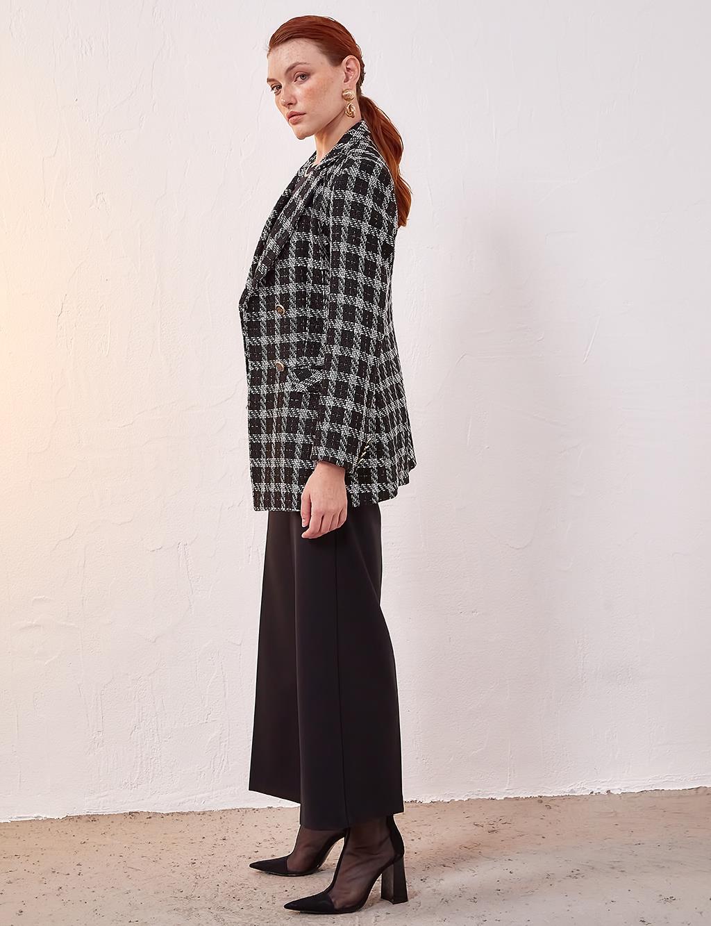 Plaid Tweed Blazer Jacket Black-White